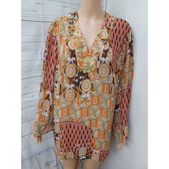 Victor Costa Chiffon Top Orange Black Beige Semi Sheer Sz 2X - Picture 1 of 12